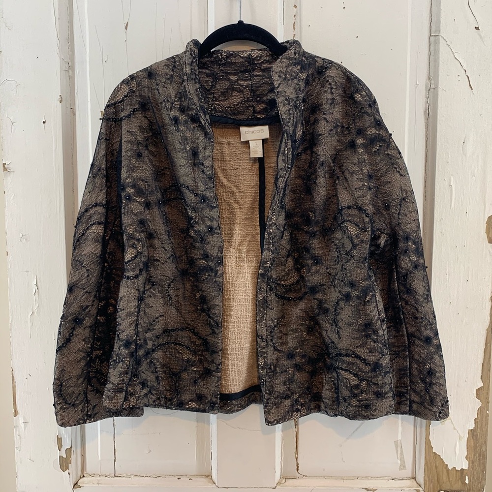 Chico’s Black Tan Lacy Beaded Jacket